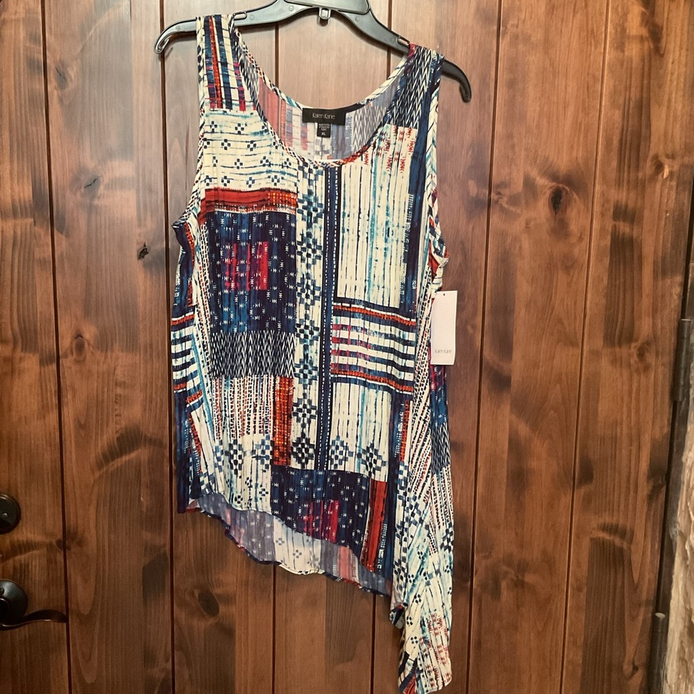 Karen Kane Navy White Red Patchwork Asymmetric Tank